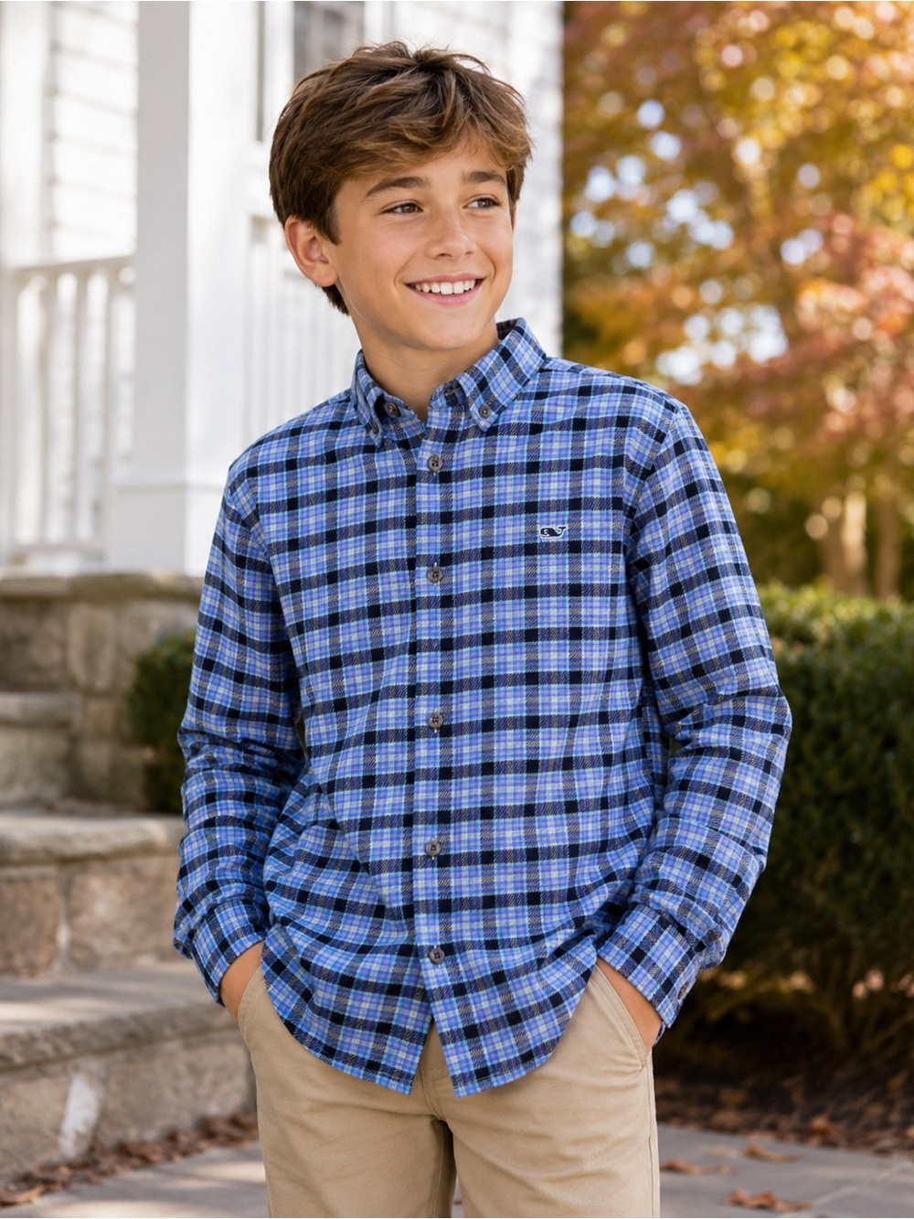 Vineyard Vines Boys Blue Plaid Flannel Button Down Shirt Whale Logo Size M